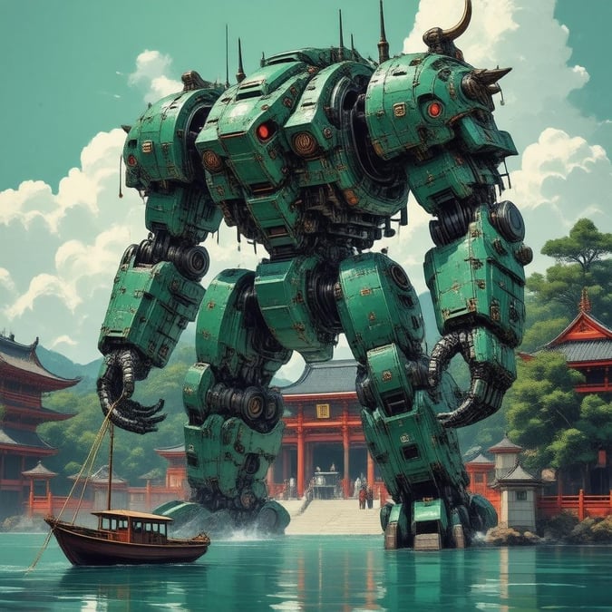 Træd ind i en verden af fantasi og eventyr med denne fantastiske anime-illustration af en gigantisk robot, der vogter et helligdom. Robotens indviklede mønstre og skæl er et bevis på kunstnerens dygtighed og opmærksomhed på detaljerne, mens den rolige atmosfære i helligdommen og det omkringliggende landskab vækker en følelse af fred og ro.