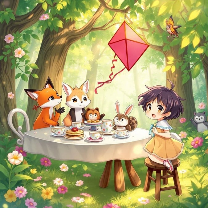 Get ready to be enchanted by this whimsical anime-style wallpaper, featuring a delightful tea party in a lush forest. Join the fun with a group of endearing animals, a mischievous kite, and a small child on a stool, as they invite you to explore the world's mysteries.