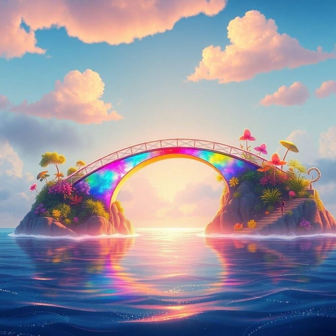 This wallpaper features a stunning rainbow bridge in the middle of a beautiful ocean, surrounded by vibrant flowers and lush greenery. The bridge is adorned with a variety of colorful flowers and plants, creating a whimsical and playful atmosphere. The ocean is depicted in shades of blue and green, with gentle waves and a few seagulls flying overhead. The overall effect is one of joy and wonder, perfect for brightening up any room.