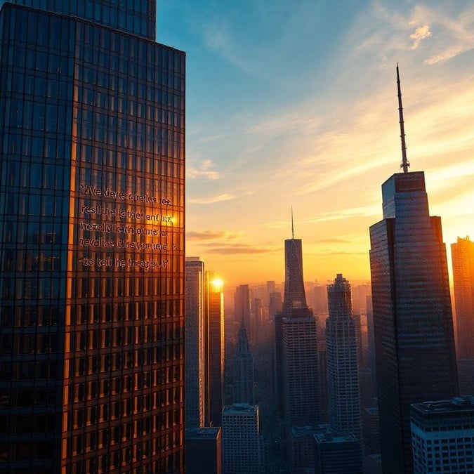 A city skyline viewed from above during the golden hour, with a warm sun setting behind buildings and casting a beautiful glow on their facades.