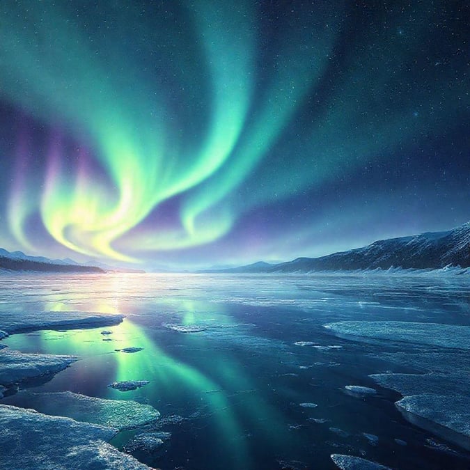 Experience the tranquility and natural beauty of the Arctic region at midnight, with the stunning aurora borealis dancing across a still frozen lake under a starlit sky.