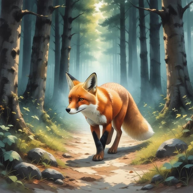 This anime illustration features a fox walking through a forest, with its vibrant orange and yellow fur contrasting the dark green and brown forest. The mysterious scene, with its misty background, is filled with a sense of motion, capturing a sense of awe and curiosity.