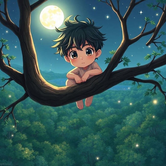 Dieser Anime-Stil-Hintergrund zeigt einen jungen Jungen, der auf einem Baumast sitzt und auf einen ruhigen Wald unter dem Licht eines Vollmonds blickt. Das Bild fängt einen friedlichen Moment ein, wobei das Gesicht des Jungen teilweise von den Ästen verdeckt wird, was der Komposition Tiefe verleiht.