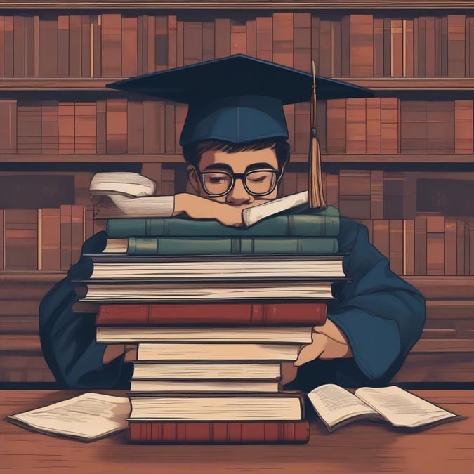 A scholarly individual, donned in graduation attire, sits at a desk buried beneath an impressive stack of books, symbolizing the journey of learning and the achievement of educational milestones.