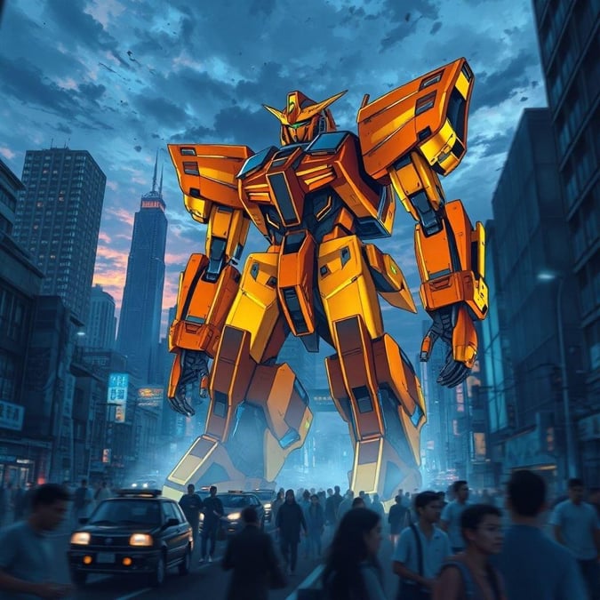 Get ready to be amazed by this stunning anime wallpaper featuring a futuristic mecha rising from the ground, set against a dark blue cityscape with tall buildings and a cloudy sky. The vibrant orange and yellow armor of the mecha stands out against the chaotic background, making for a truly eye-catching image.