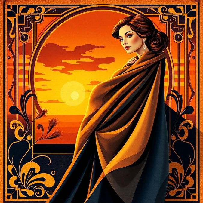 A poised woman, elegantly dressed, gazes at the sunset over a vast ocean. The golden hue of the evening sky bathes her in a warm glow, capturing a moment of tranquility.