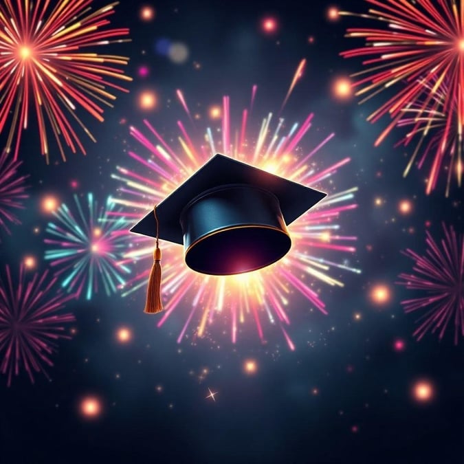 Celebrate your academic achievement with this stunning graduation wallpaper, perfect for desktop and mobile devices. The vibrant colors and fireworks in the background create a festive atmosphere, symbolizing the excitement and joy of this significant milestone.