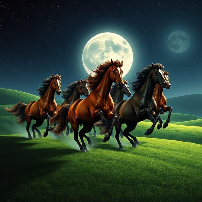 A mystical scene where four horses, their manes flowing like silk in the moonlight, gallop through a lush green landscape under an ethereal sky.