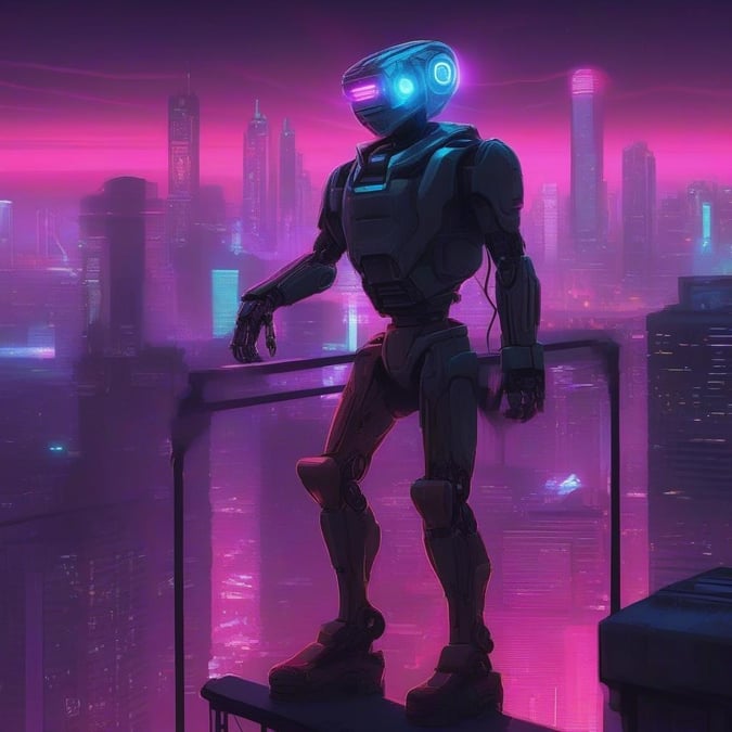 A cityscape filled with futuristic architecture, illuminated by the glow of neon lights. The scene is dominated by a robotic figure surveying its surroundings from a high vantage point.