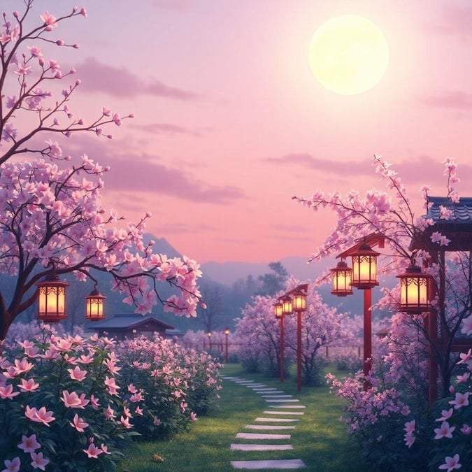 Imprégnez-vous de la beauté tranquille de ce jardin de style anime, où des lanternes et des fleurs dansent sous la lumière de la lune, créant une atmosphère captivante.