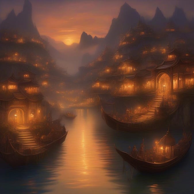 A serene scene from a fantastical port town, bathed in the warm glow of lanterns as the sun dips below the horizon.