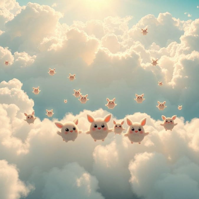 In the fluffiest, most whimsical cloud formation, you can spot these adorable cartoon creatures floating amongst the soft fluffs. They're not just any ordinary animals - they've been transformed into cuddly companions that make this wallpaper a delightful desktop and mobile background.