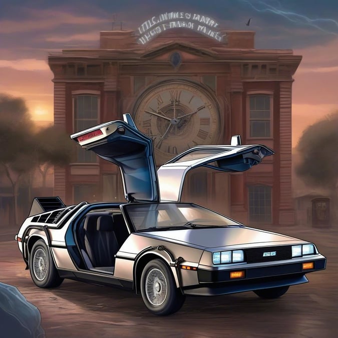 Travel through time with this iconic DeLorean car from the '80s blockbuster, parked on a street with the town's clock tower in the background.