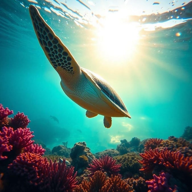 This stunning underwater scene features a majestic sea turtle swimming gracefully through the ocean, surrounded by vibrant coral reefs.