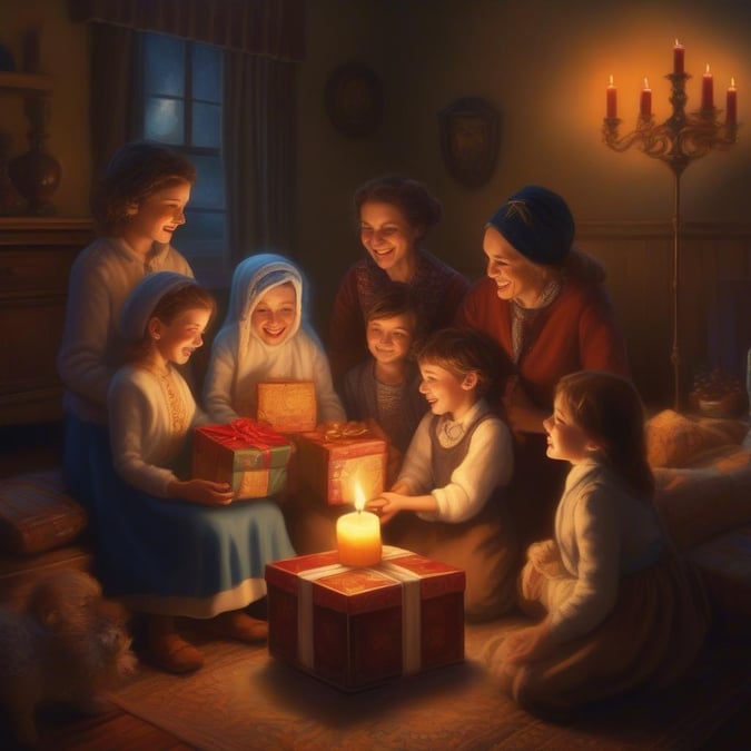 En hjertevarm scene af en familie, der fejrer Hanukkah, omgivet af det varme skær fra lysene og glæden ved at være sammen.