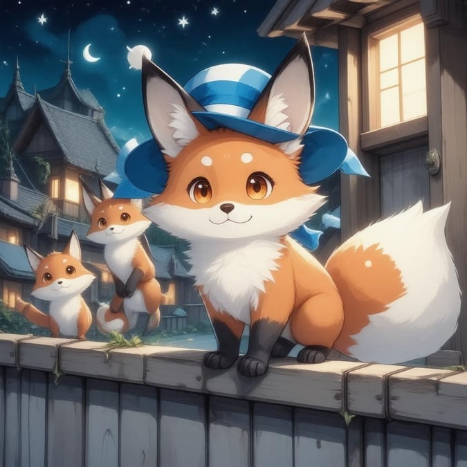 Immerse yourself in the whimsical world of anime fox spirits, where trickery and charm reign supreme. This captivating illustration showcases a group of mischievous foxes, each with their own unique personality and style, set against a backdrop of a quaint village. The fox's determined pose and the subtle glow of a window create a magical atmosphere, inviting you to step into their enchanting realm.