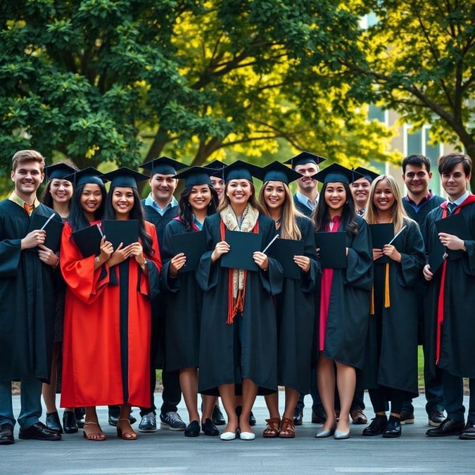 A group of graduates in caps and gowns, smiling and holding their diplomas, standing in front of a blurred background, representing the celebration of academic achievement and the start of a new chapter in life.