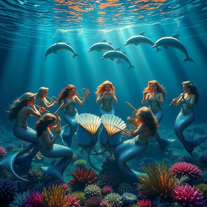 A group of mermaids harmoniously performing music while submerged in the ocean, surrounded by marine life.