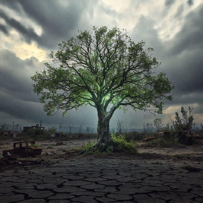 A fantastical scene of a tree flourishing amidst destruction, symbolizing resilience and the power of nature.