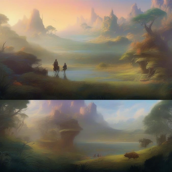 A serene back-to-school scene with two travelers setting out on an adventure through a mystical forest. The misty dawn atmosphere adds a sense of mystery and anticipation for the journey ahead.