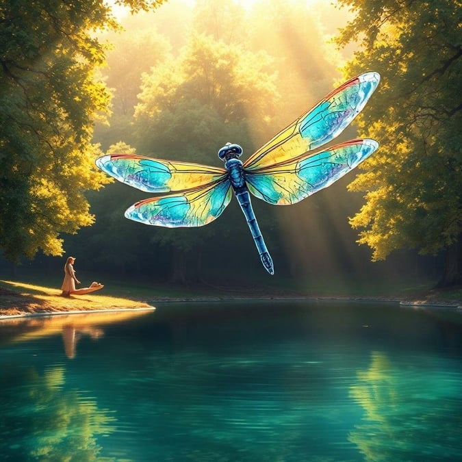 A stunning anime-style illustration of a dragonfly hovering above a serene lake, surrounded by lush greenery.