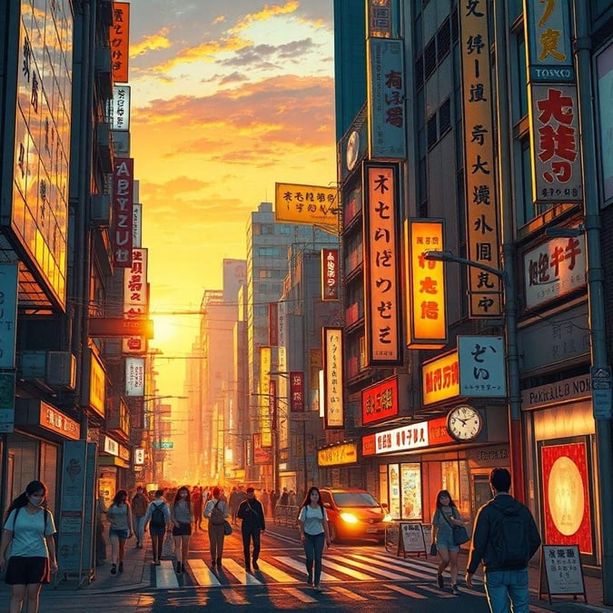 This digital painting captures the vibrant energy of a city street in Tokyo just as the sun is setting, creating a warm glow that lights up the signs and buildings. The crowd of people going about their day adds a dynamic feel to the scene, illustrating the urban hustle and bustle. This image could be used for your desktop or mobile device to bring a bit of this city's beauty and lifestyle into your daily view.