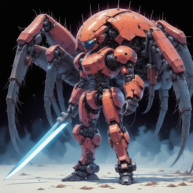 A thrilling digital artwork depicting a futuristic robot armed with a sword, standing in battle against an enormous mechanical spider. The mech's sharp claws and glowing eyes are visible, showcasing intricate mechanical details against the backdrop of a dark background.