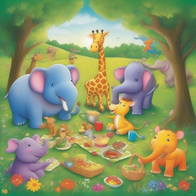 This delightful wallpaper features a colorful array of cartoon animals enjoying a sunny day in a picturesque field. The scene is filled with whimsy and joy, making it perfect for kids' rooms or anyone who loves a touch of fantasy in their decor.