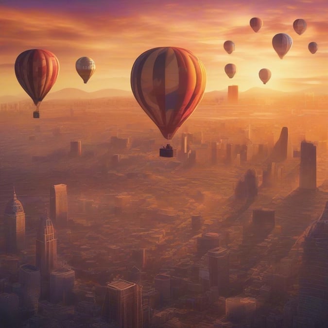 Bright, vibrant hot air balloons in the sky over a city skyline during sunset.