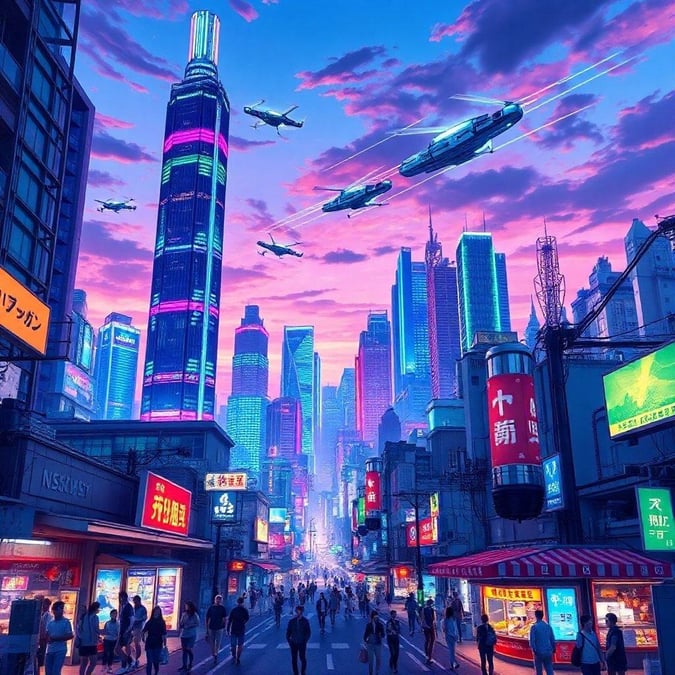 Mergulhe no vibrante mundo do anime com este deslumbrante papel de parede de paisagem urbana. Os arranha-céus iluminados por néon e os carros voadores criam uma atmosfera futurista, enquanto o momento tranquilo capturado ao crepúsculo convida você a explorar a beleza desta cidade inspirada no anime.