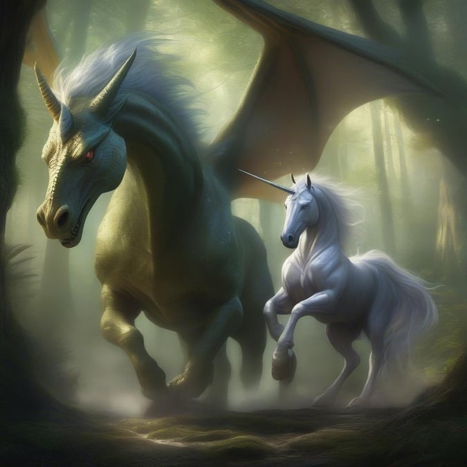 This fantasy wallpaper features a majestic dragon and a unicorn in a mystical forest, creating a captivating scene that transports you to a world of wonder and magic.