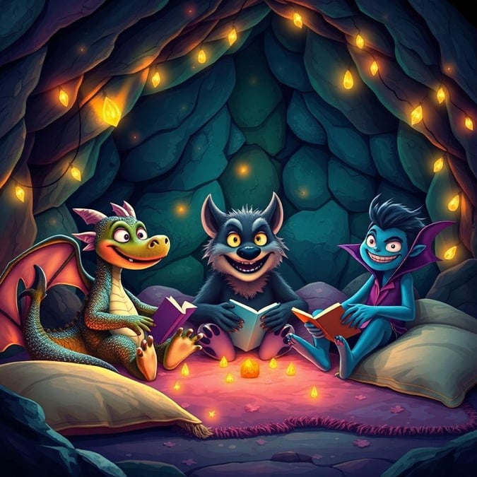 Three cartoon friends, a dragon, a werewolf, and a vampire, share a cozy moment reading together under a magical light in their cave hideout.