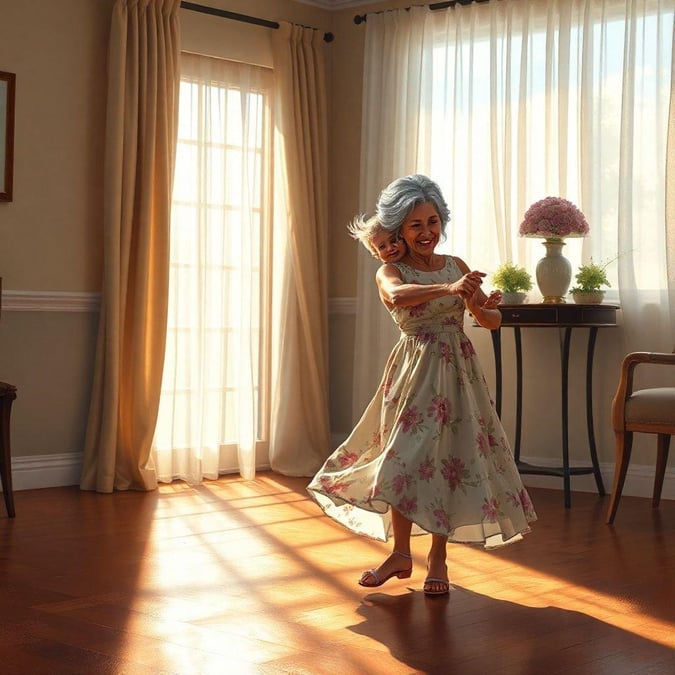 A joyful dance shared between an older woman and her baby. The sunlight streams through the windows, casting a warm glow on their smiling faces.