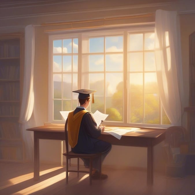 A proud graduate sits at his desk, soaking in the sunlight as he studies, a symbol of new beginnings and academic achievement.