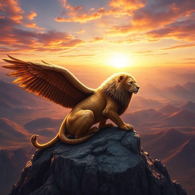 Imagine yourself soaring with the majestic lion king in this fantastical wallpaper for desktop and mobile. The golden sun casts a warm glow on the scene, highlighting the powerful presence of the lion. This wallpaper is perfect for those who love the thrill of adventure and the allure of mystical creatures.