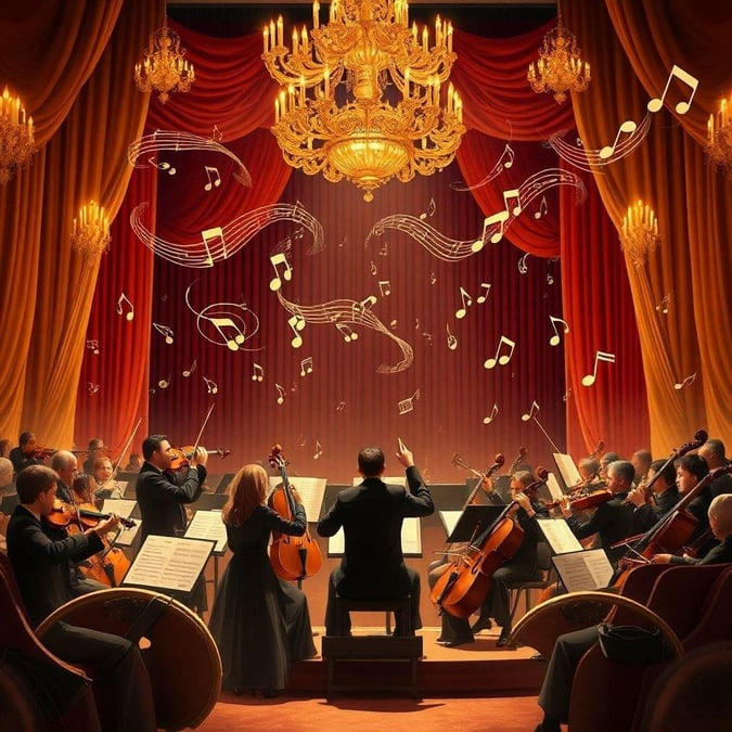 Elegantly dressed musicians playing their instruments in a grand theater setting, complete with chandeliers and red velvet curtains.