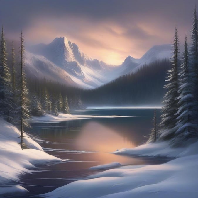 A tranquil mountain lake scene at sunset, with snow-covered trees and a serene view across the water.