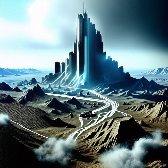 A sci-fi landscape with an imposing tower at its heart, set against the backdrop of a barren desert. The tower rises from the center of the scene to dominate the skyline, while a road cuts through the terrain on either side, leading towards the distant horizon.