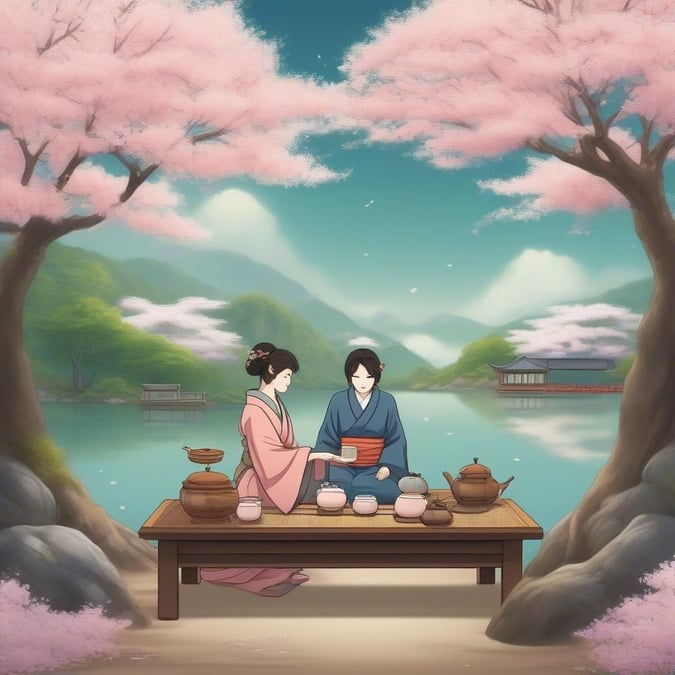 In this tranquil anime-style image, two women are engrossed in the art of tea preparation under a beautiful backdrop of cherry blossom trees and a serene body of water. The scene exudes a sense of harmony and the simple pleasure of enjoying nature's beauty during a peaceful tea gathering.