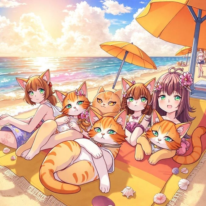 Bu anime illüstrasyonu, bir grup kedi kızın plajda dinlenirkenki huzurlu anını yakalıyor, okyanus ve gökyüzünün yatıştırıcı renkleriyle çevrili. Görüntü, izleyiciyi rahatlamaya ve gevşemeye davet eden bir huzur hissi yayıyor.