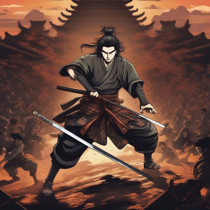 Une illustration d'anime palpitante d'un jeune samouraï combattant une armée de ninjas ombreux.