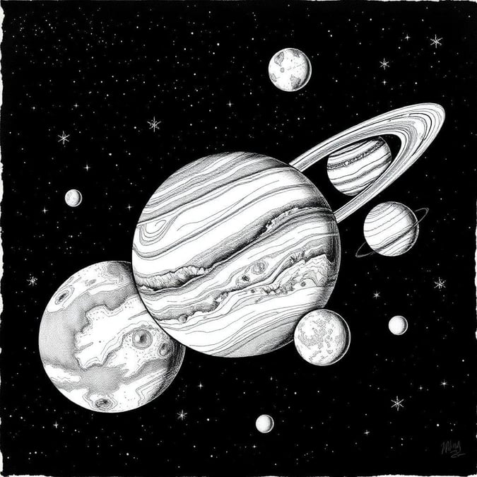 A black and white illustration showcasing the majestic planets in our solar system, including Jupiter, Saturn, Uranus, Neptune, and their respective moons. A celestial scene that captures the awe-inspiring beauty of our cosmic neighborhood.