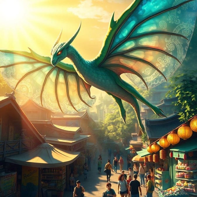 A vibrant digital illustration showcasing an ethereal creature with iridescent wings, soaring high above a bustling marketplace. The artwork is rich in blues and greens with intricate patterns on its skin, and its majestic presence brings life to the lively scene below.