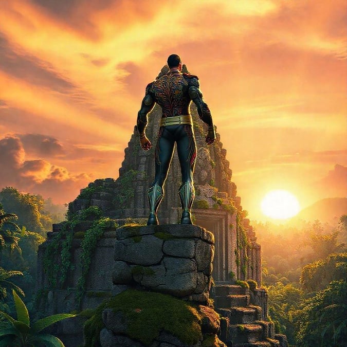 A superhero stands tall on a rock, gazing out at a breathtaking sunset.