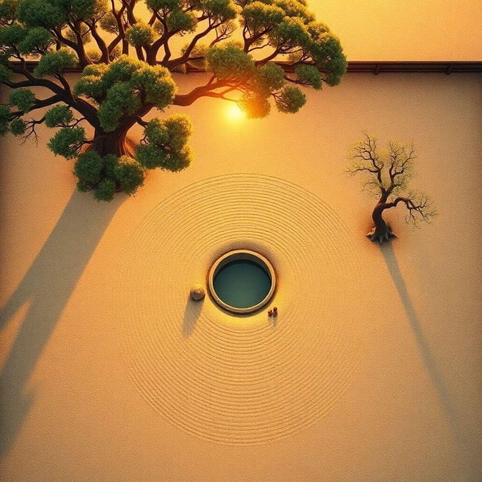 An anime-inspired depiction of a serene Zen garden bathed in warm sunset light. The sandy ground is intricately raked, featuring circular patterns that add to the tranquil ambiance. A small water feature serves as the focal point of this peaceful scene, with a large tree on the left and a smaller one on the right providing a natural backdrop. The contrast between the dark sky and the glowing garden creates an idyllic setting for relaxation.