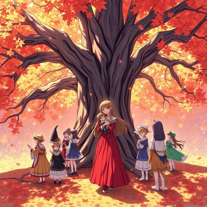 A group of magical girls gather around a glowing tree in an autumnal setting, creating a whimsical scene.