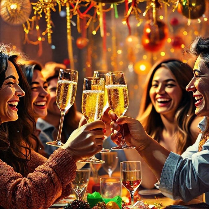 Ring in the new year with this festive wallpaper, featuring a group of people celebrating with champagne and decorations. The perfect way to start the new year off right!