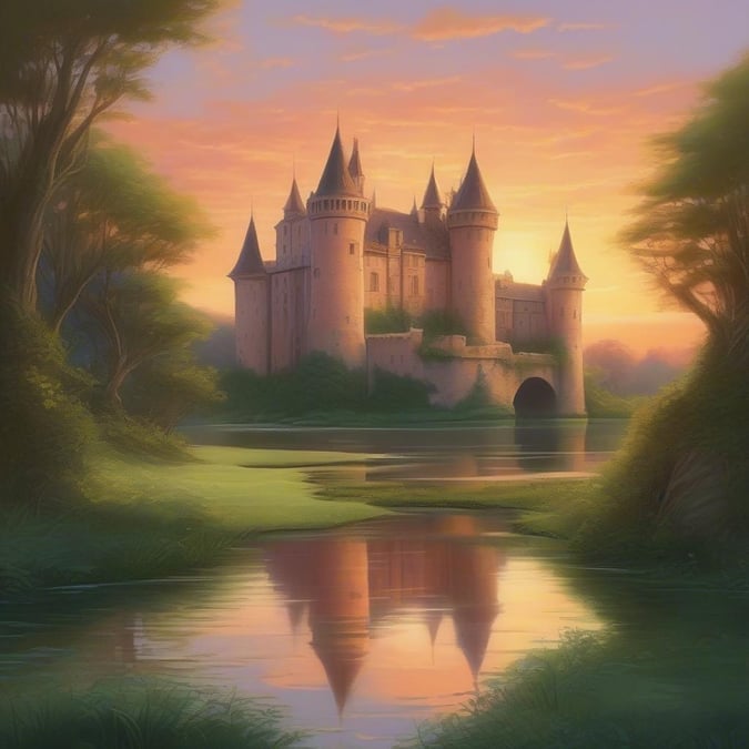 Enjoy the tranquility of a serene castle at dusk, with warm hues painting the sky.