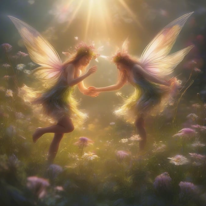 In the mystical realm where fae creatures dwell, two sprites share a tender moment amidst an enchanting garden.