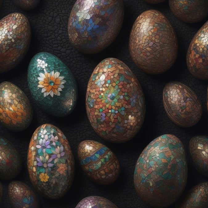 Add a touch of vibrancy and energy to your digital devices or physical spaces with this unique mosaic Easter eggs wallpaper.